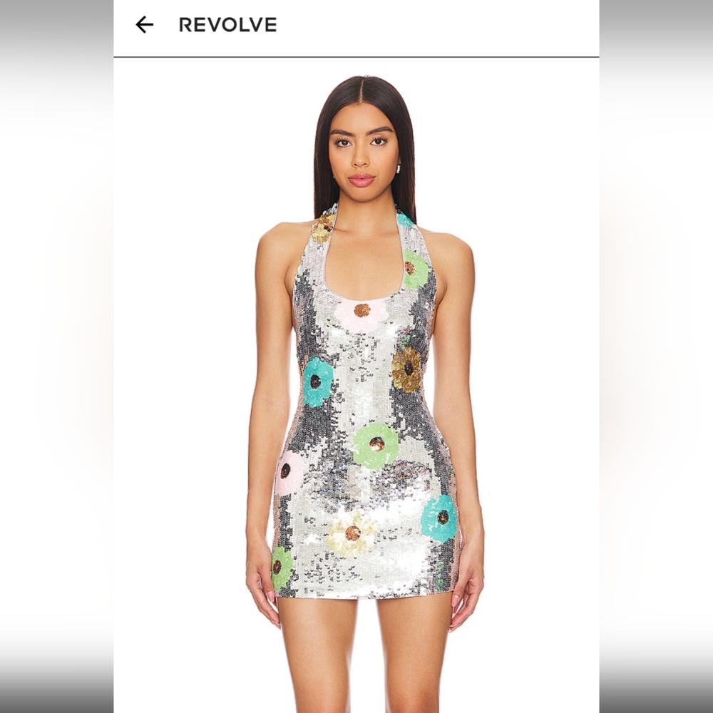 REVOLVE Silver Sequin Dress with Multicolor Floral Accents